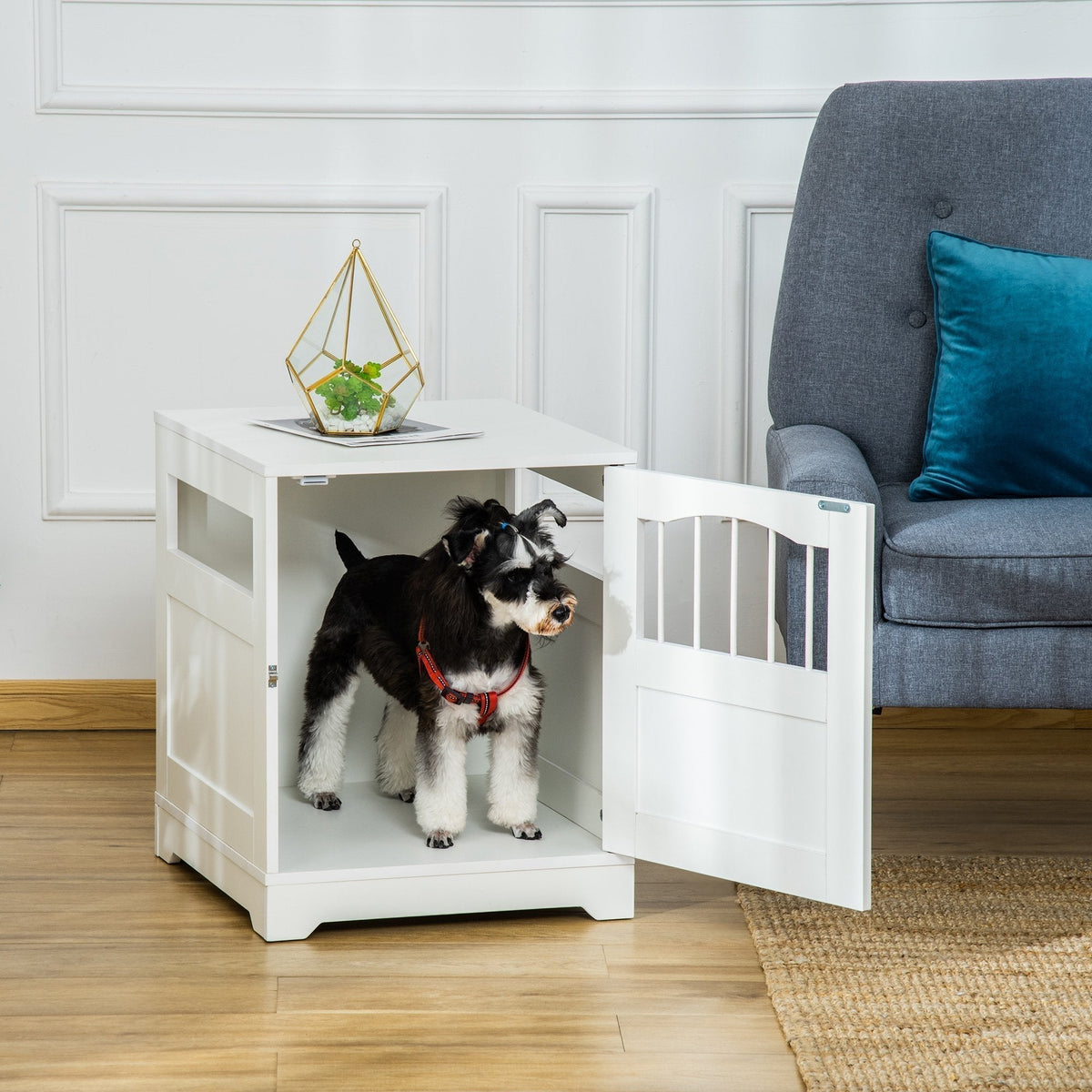 Furniture Stylish Dog Kennel, Wooden & Wire End Table with Cushion & Lockable Door, Miniature Size Pet Crate Indoor Puppy Cage, White - Prioka