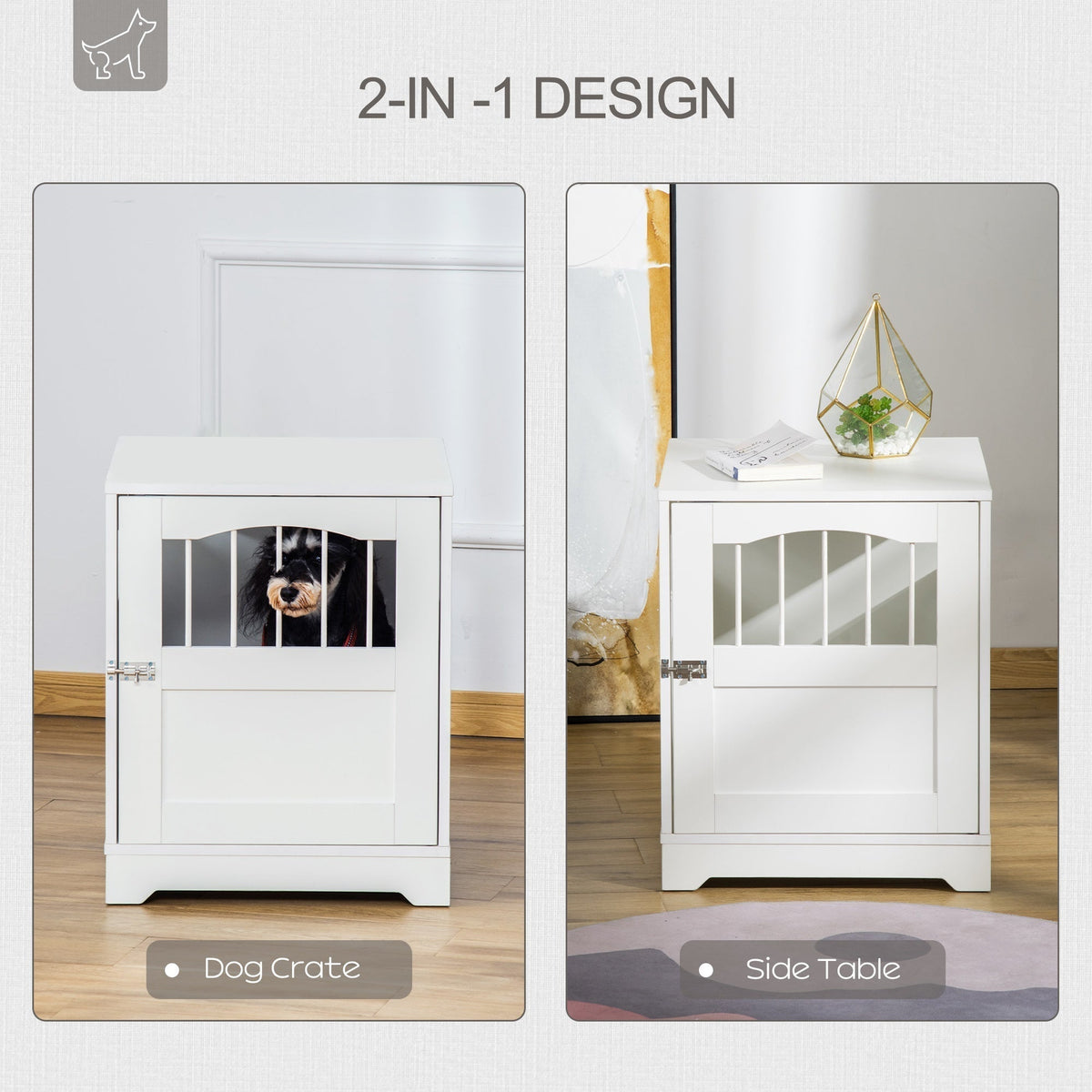 Furniture Stylish Dog Kennel, Wooden & Wire End Table with Cushion & Lockable Door, Miniature Size Pet Crate Indoor Puppy Cage, White - Prioka