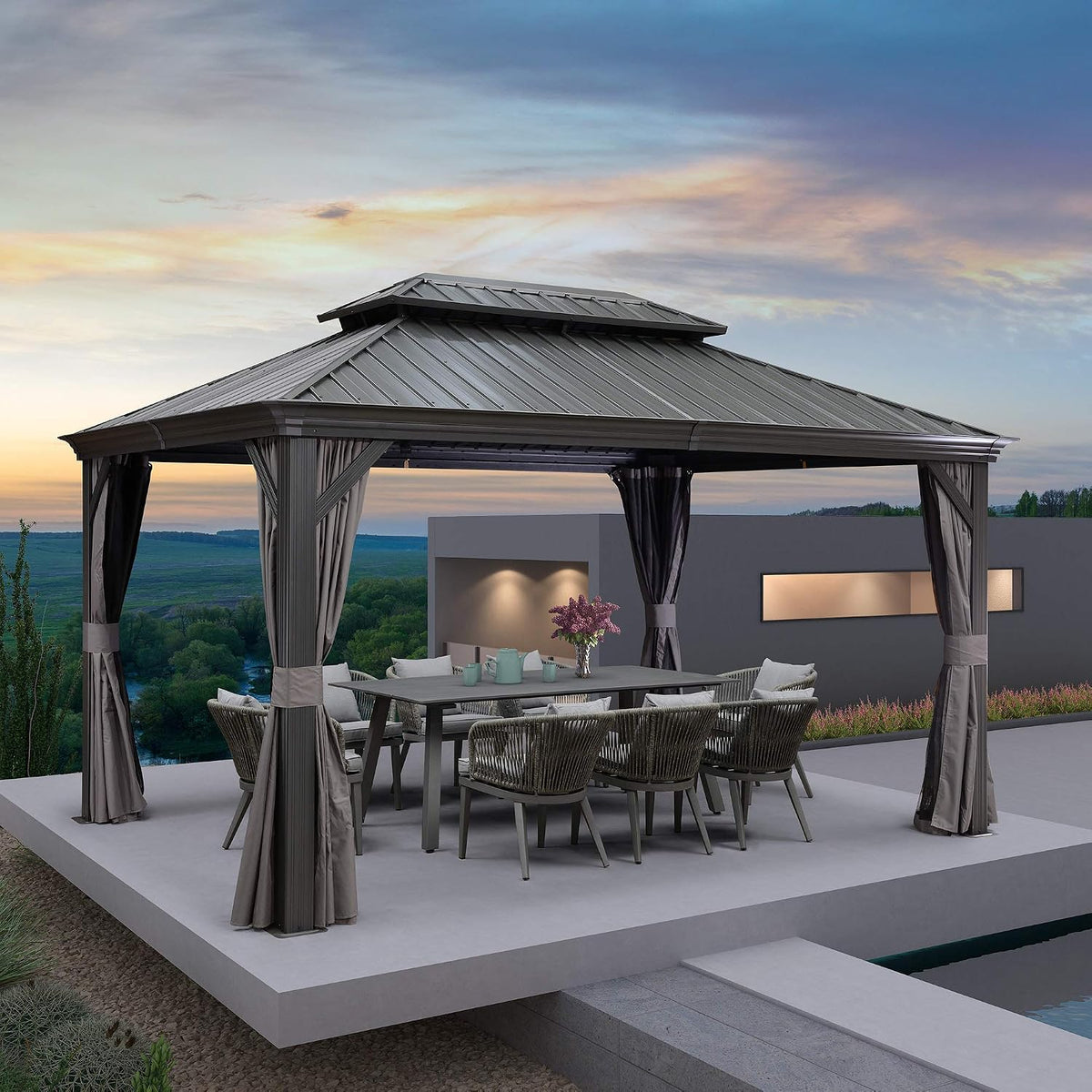 Gazebo 10′ X 14′ Built-in Drainage System, Gray | 4.7″ Thick Post, Built in Drainage, Windproof Cool Breeze, Snowproof & Rustproof, 260 GSM Textilene Netting, Fit Any Yard - Prioka