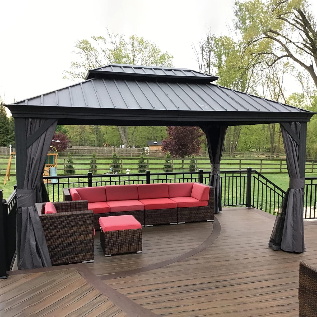 Gazebo 10′ X 14′ Built-in Drainage System, Gray | 4.7″ Thick Post, Built in Drainage, Windproof Cool Breeze, Snowproof & Rustproof, 260 GSM Textilene Netting, Fit Any Yard - Prioka