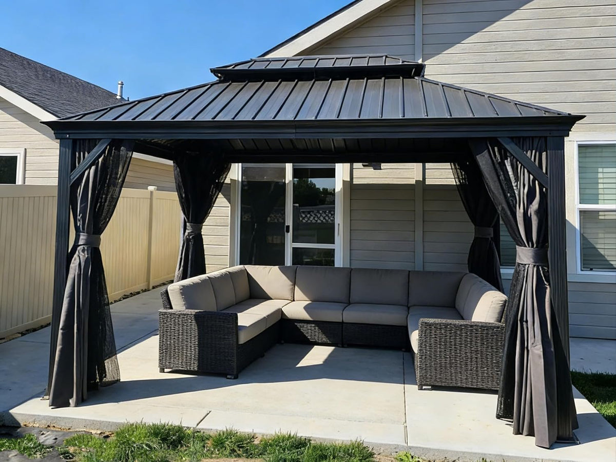 Gazebo 10′ X 14′ Built-in Drainage System, Gray | 4.7″ Thick Post, Built in Drainage, Windproof Cool Breeze, Snowproof & Rustproof, 260 GSM Textilene Netting, Fit Any Yard - Prioka