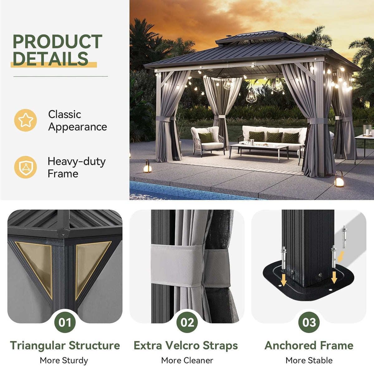 Gazebo 10×14 Hardtop Gazebo with Double Galvanized Steel Roof, Gray | Metal Frame Outdoor Pavilion with Breathable Netting and Privacy Curtain for Backyard - Prioka