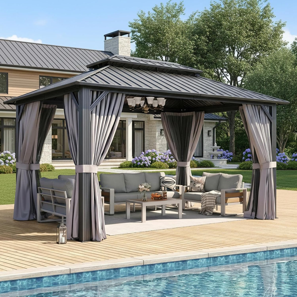 Gazebo 10×14 Hardtop Gazebo with Double Galvanized Steel Roof, Gray | Metal Frame Outdoor Pavilion with Breathable Netting and Privacy Curtain for Backyard - Prioka