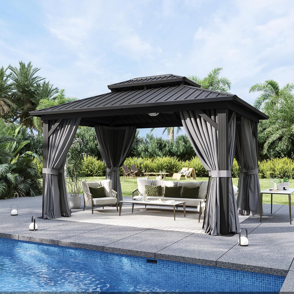 Gazebo 10×14 Hardtop Gazebo with Double Galvanized Steel Roof, Gray | Metal Frame Outdoor Pavilion with Breathable Netting and Privacy Curtain for Backyard - Prioka