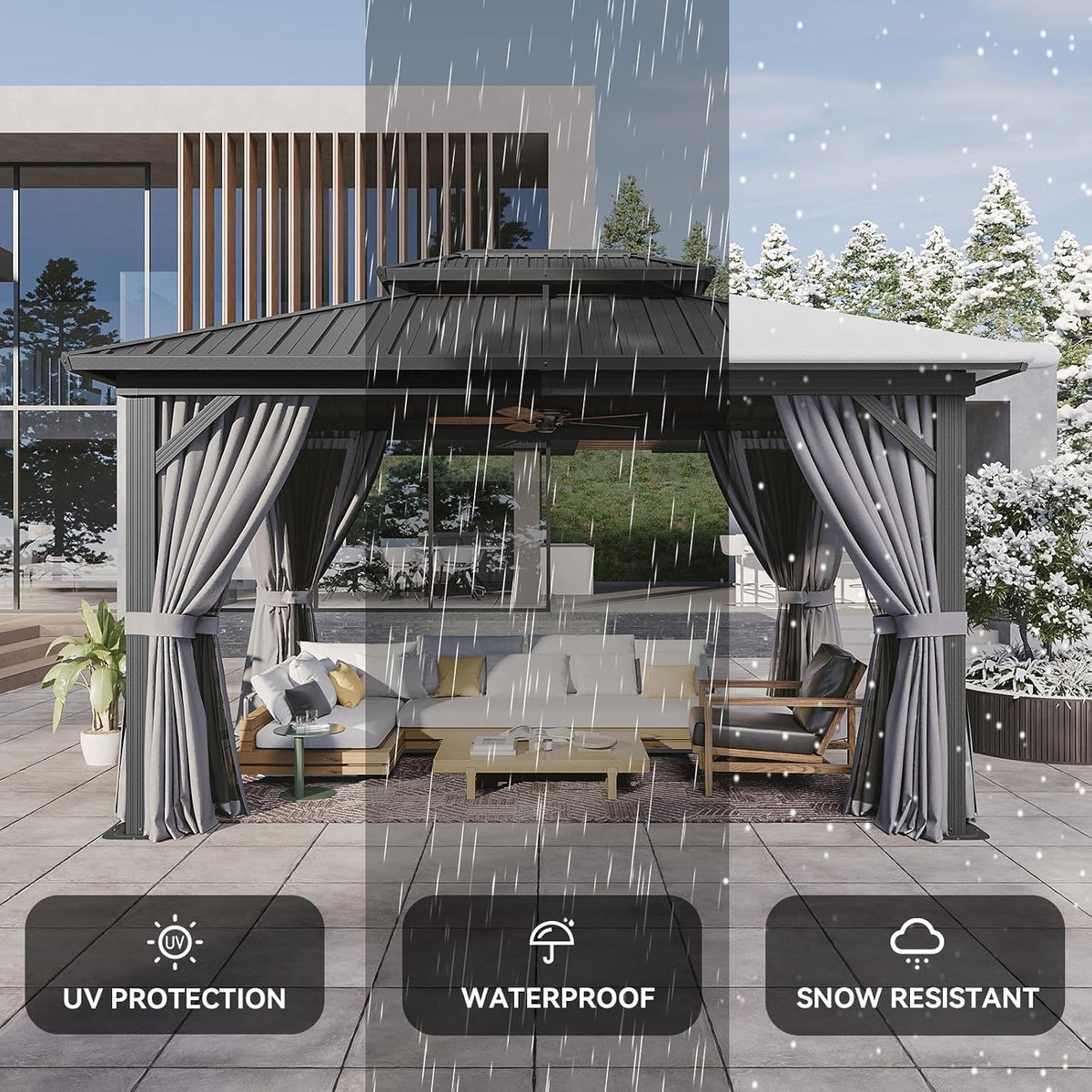Gazebo 10×14 Hardtop Gazebo with Double Galvanized Steel Roof, Gray | Metal Frame Outdoor Pavilion with Breathable Netting and Privacy Curtain for Backyard - Prioka