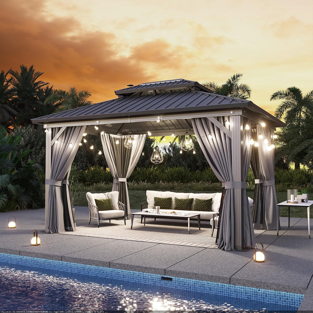 Gazebo 10×14 Hardtop Gazebo with Double Galvanized Steel Roof, Gray | Metal Frame Outdoor Pavilion with Breathable Netting and Privacy Curtain for Backyard - Prioka