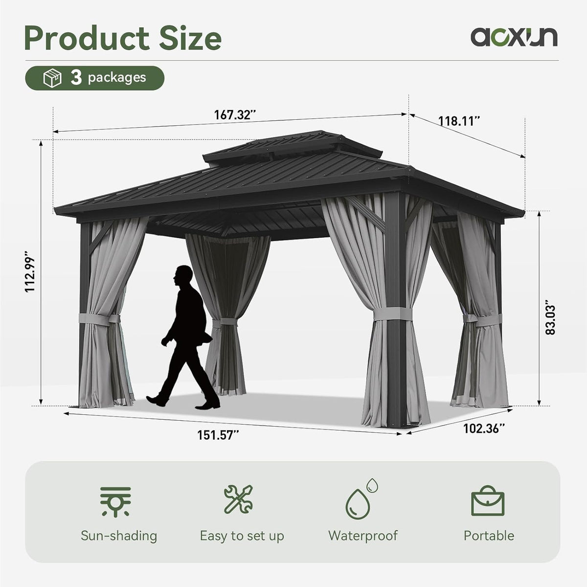 Gazebo 10×14 Hardtop Gazebo with Double Galvanized Steel Roof, Gray | Metal Frame Outdoor Pavilion with Breathable Netting and Privacy Curtain for Backyard - Prioka