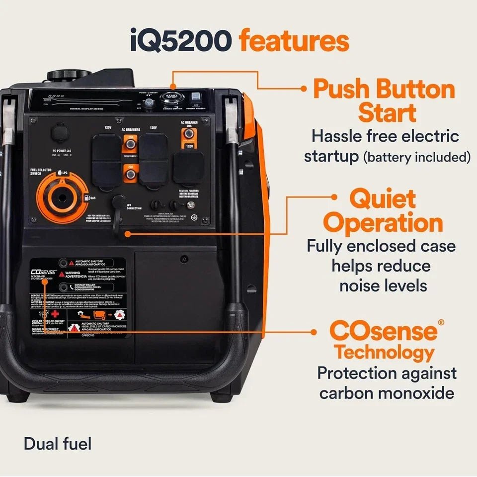 Generac iQ5200 DF 3900 Watt Electric Start Dual Fuel Inverter Generators. - Prioka