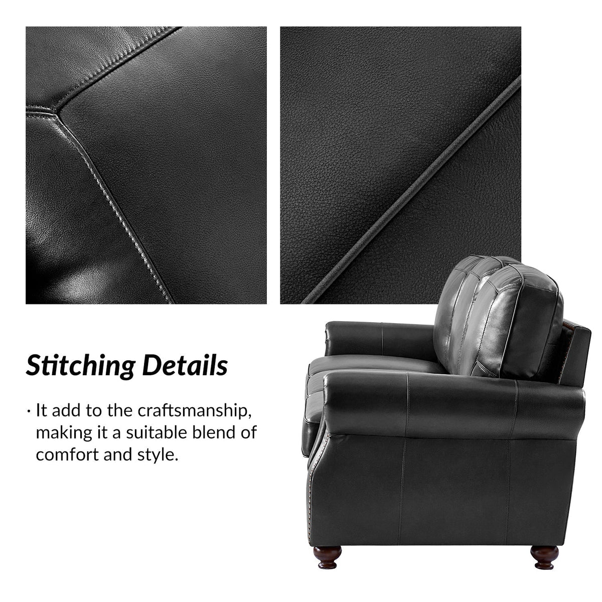 Gerardo Genuine Leather Sofa – Black Rolled Arm Nailhead Sofa - Prioka