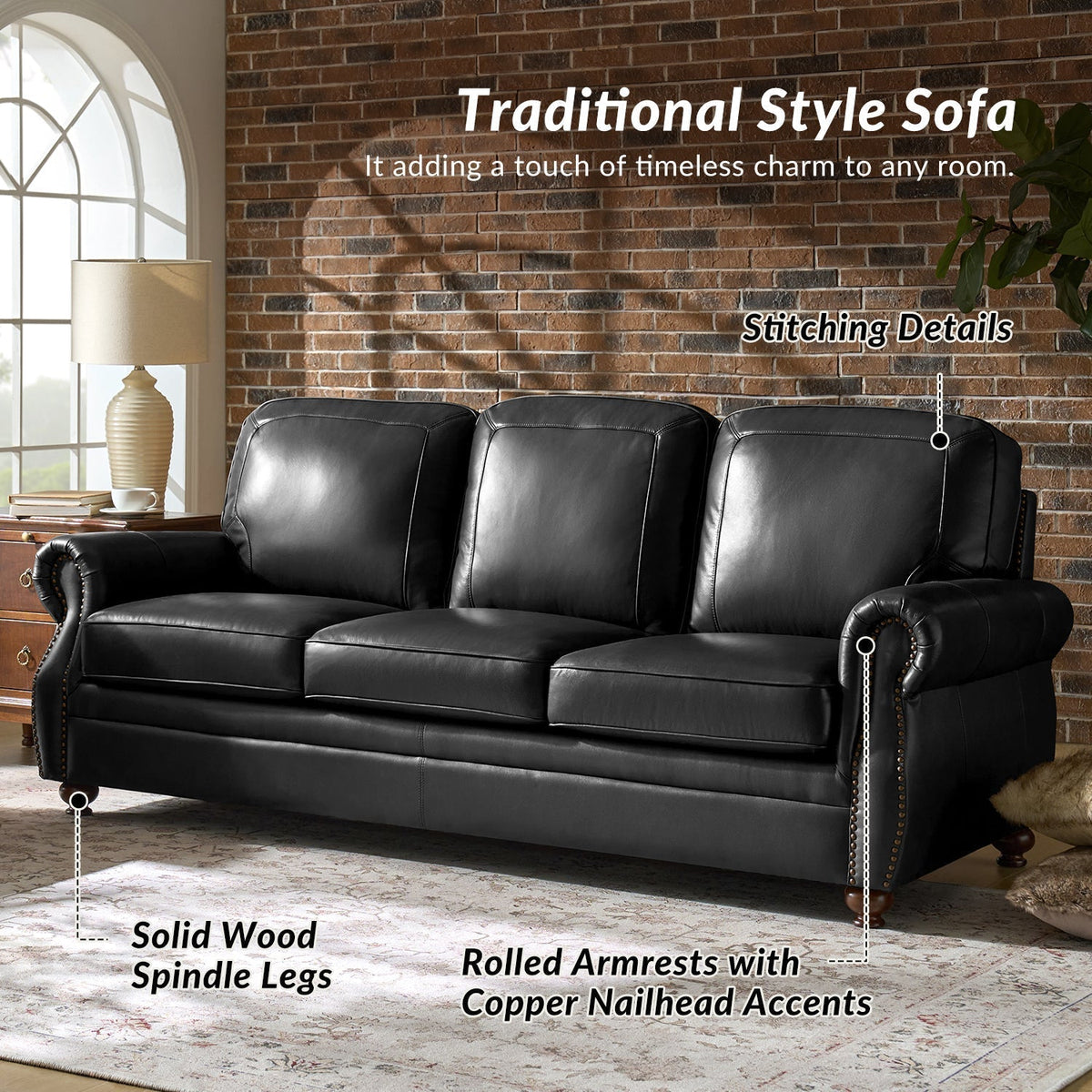 Gerardo Genuine Leather Sofa – Black Rolled Arm Nailhead Sofa - Prioka