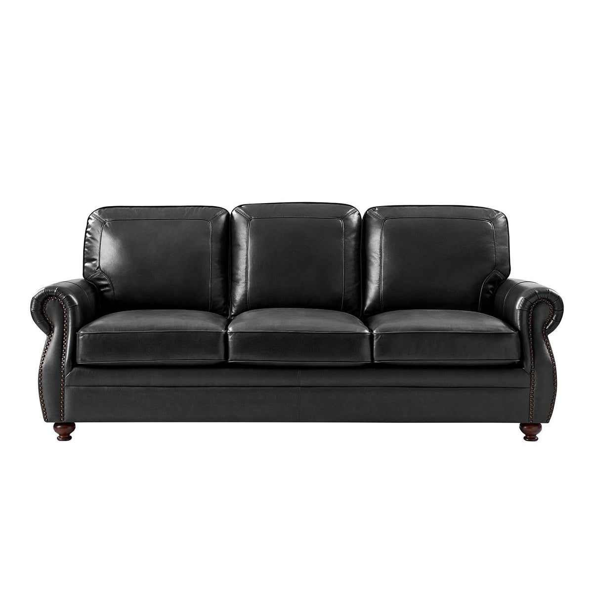 Gerardo Genuine Leather Sofa – Black Rolled Arm Nailhead Sofa - Prioka
