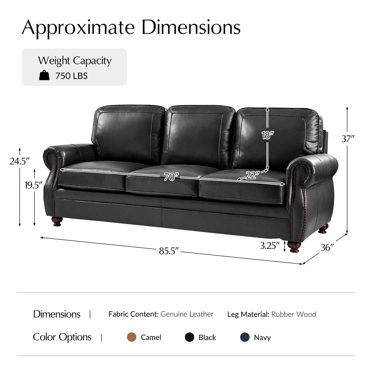 Gerardo Genuine Leather Sofa – Black Rolled Arm Nailhead Sofa - Prioka