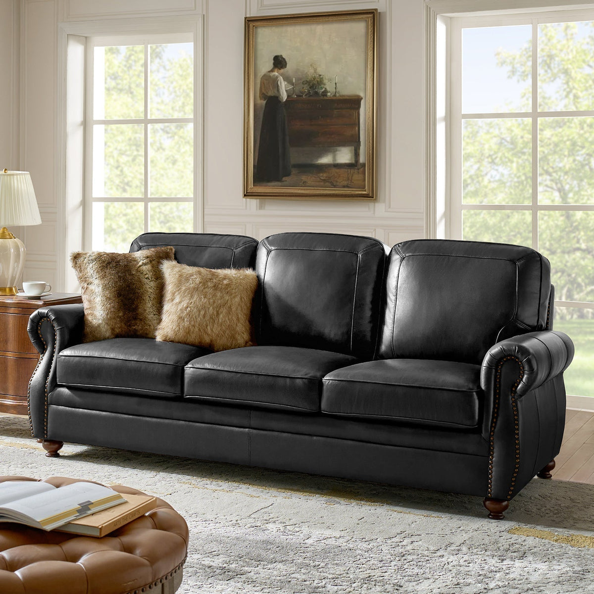 Gerardo Genuine Leather Sofa – Black Rolled Arm Nailhead Sofa - Prioka
