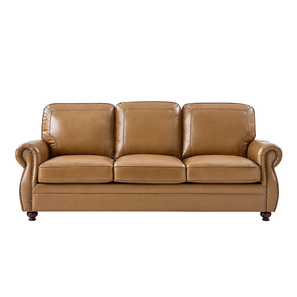 Gerardo Genuine Leather Sofa – Camel Rolled Arm Nailhead Sofa - Prioka