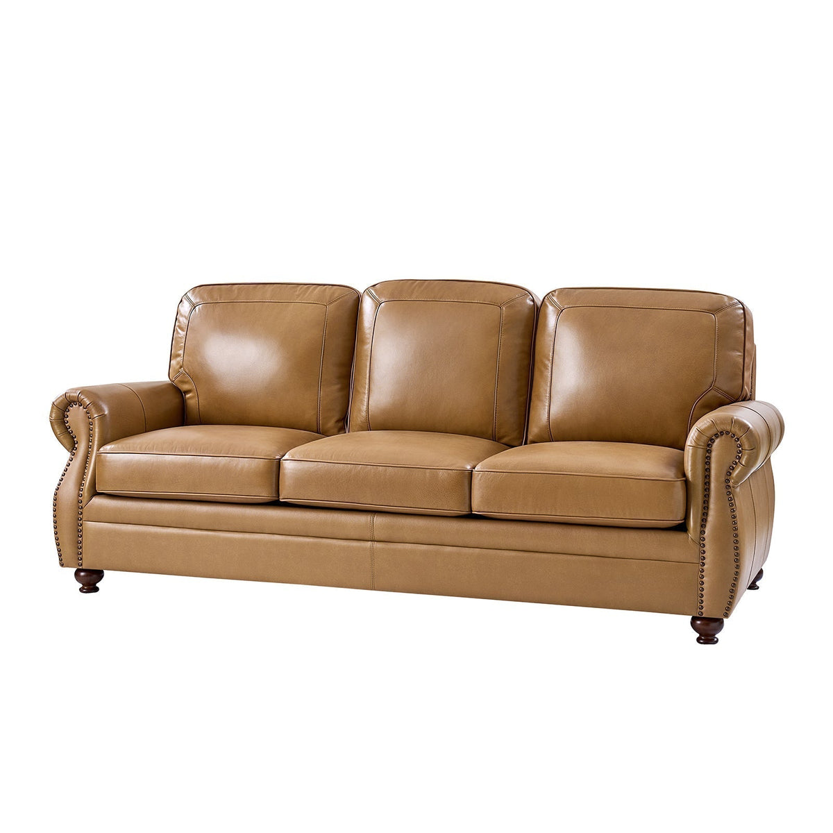 Gerardo Genuine Leather Sofa – Camel Rolled Arm Nailhead Sofa - Prioka