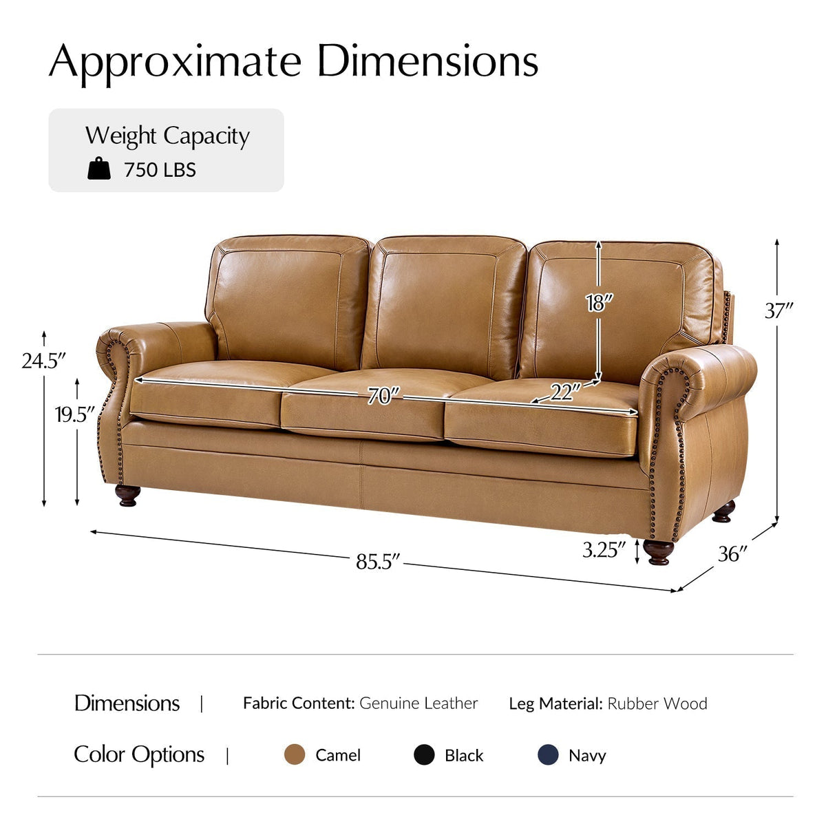 Gerardo Genuine Leather Sofa – Camel Rolled Arm Nailhead Sofa - Prioka