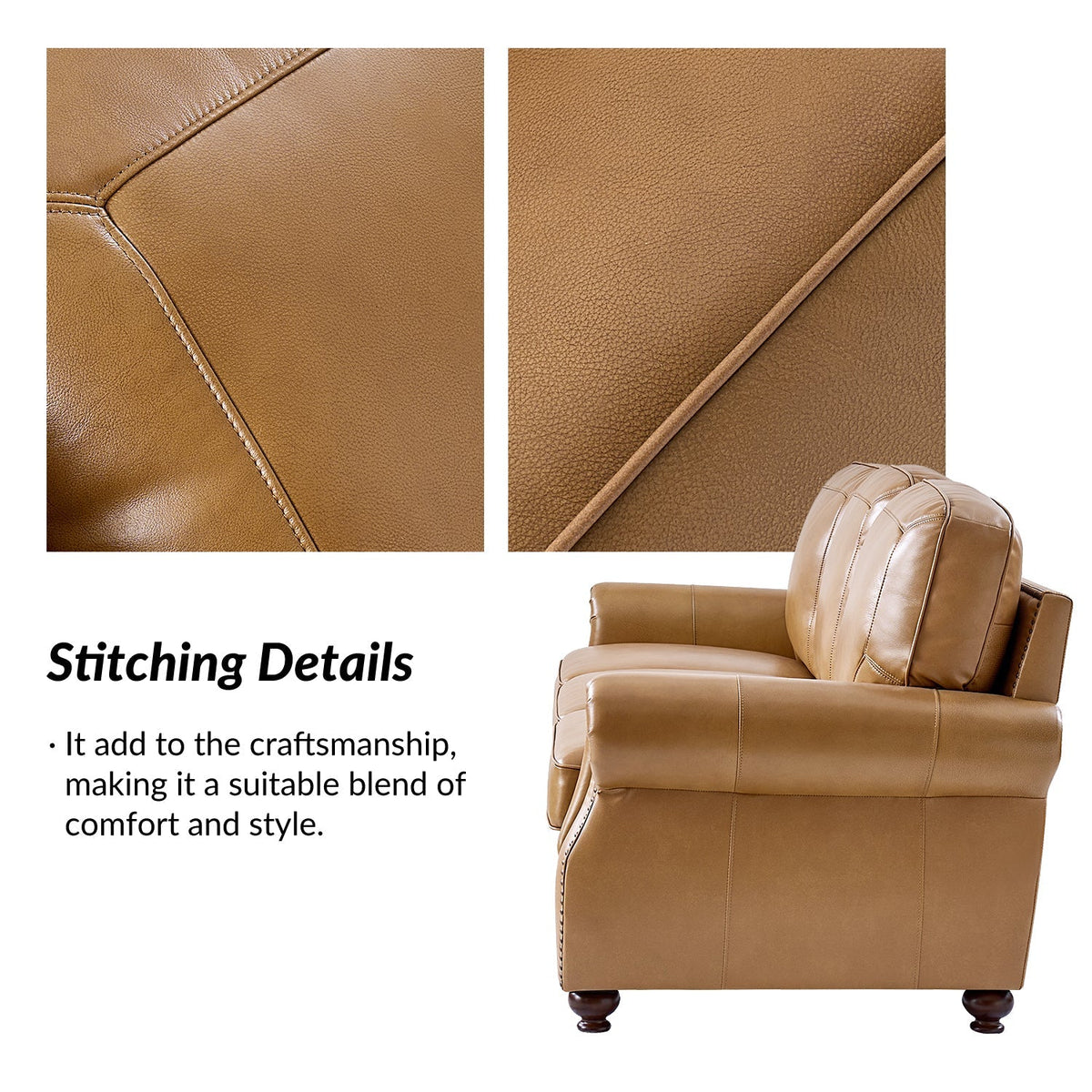 Gerardo Genuine Leather Sofa – Camel Rolled Arm Nailhead Sofa - Prioka