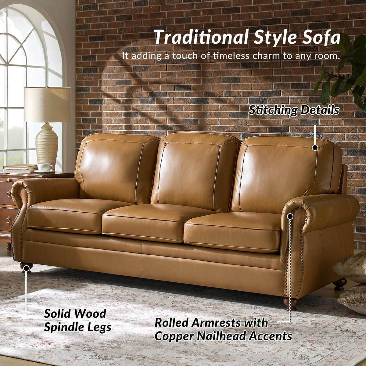 Gerardo Genuine Leather Sofa – Camel Rolled Arm Nailhead Sofa - Prioka