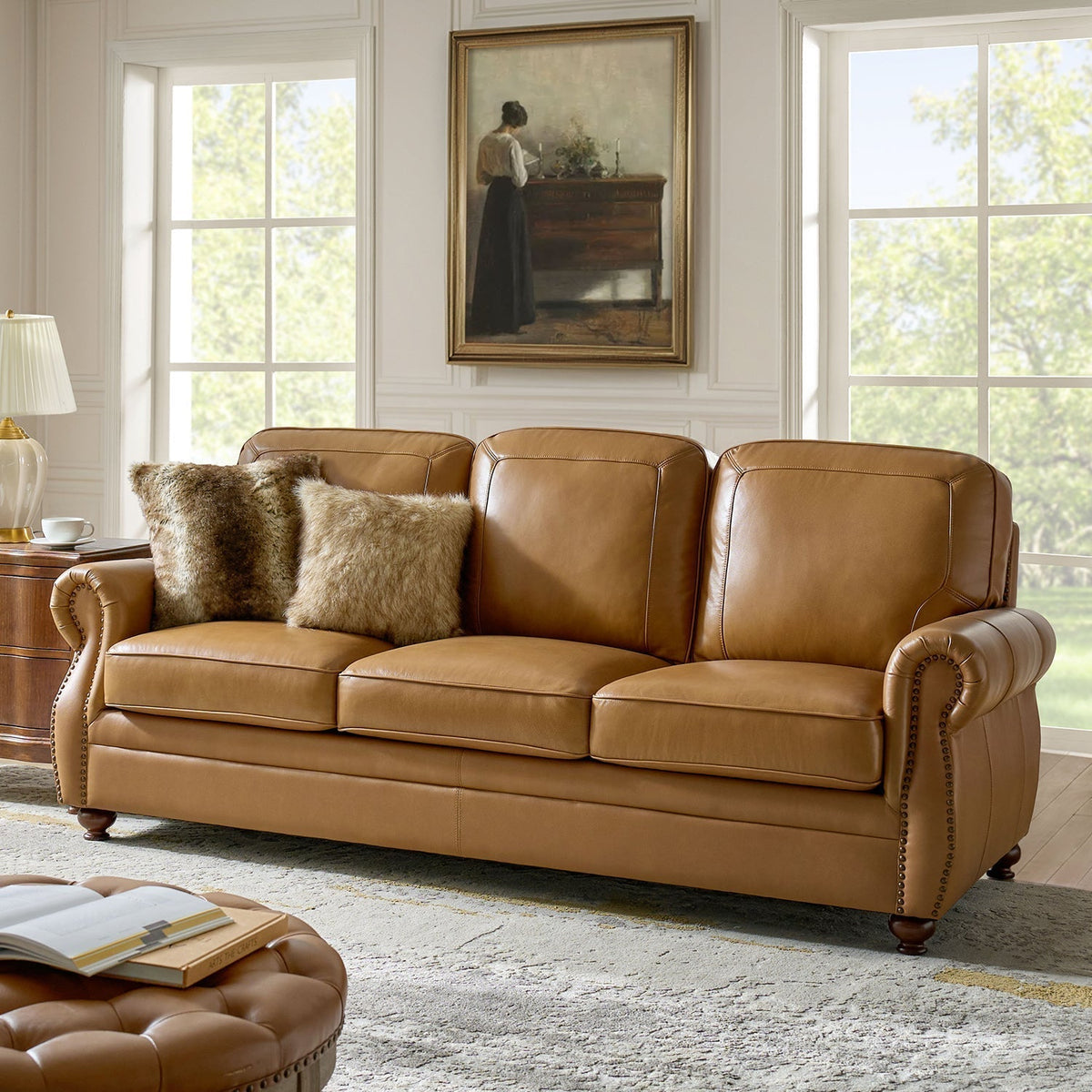 Gerardo Genuine Leather Sofa – Camel Rolled Arm Nailhead Sofa - Prioka