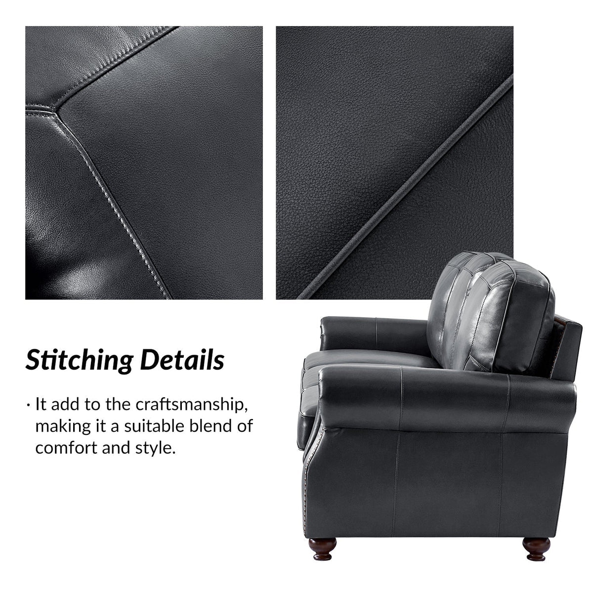 Gerardo Genuine Leather Sofa – Navy Blue Rolled Arm Nailhead Sofa - Prioka