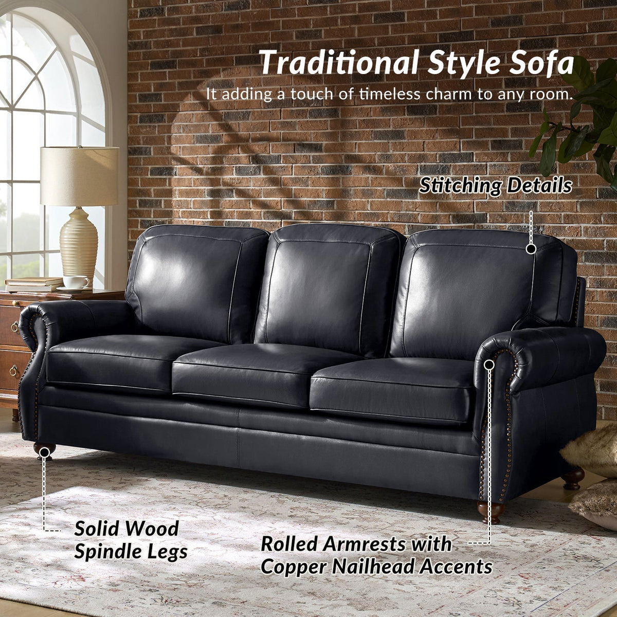 Gerardo Genuine Leather Sofa – Navy Blue Rolled Arm Nailhead Sofa - Prioka