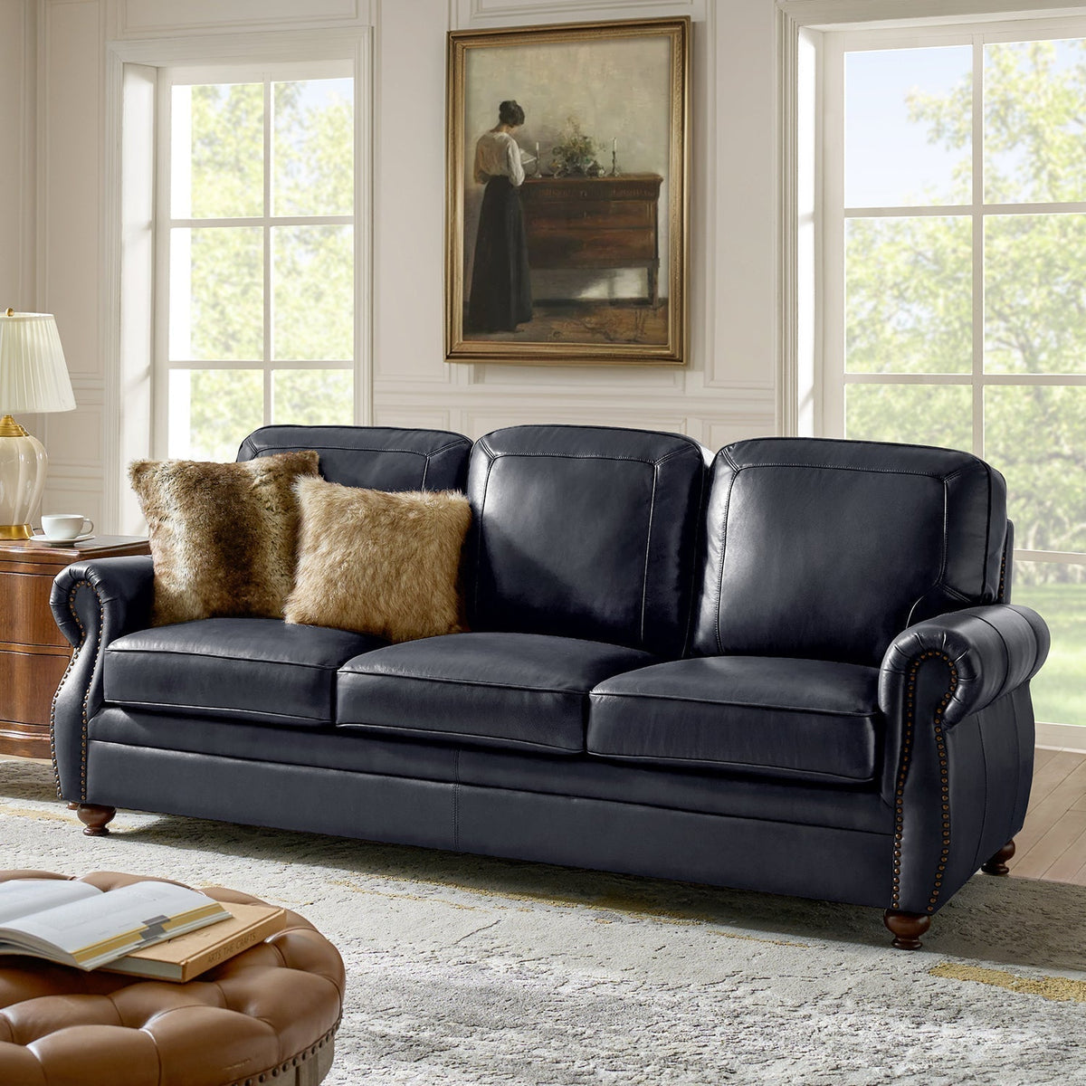 Gerardo Genuine Leather Sofa – Navy Blue Rolled Arm Nailhead Sofa - Prioka