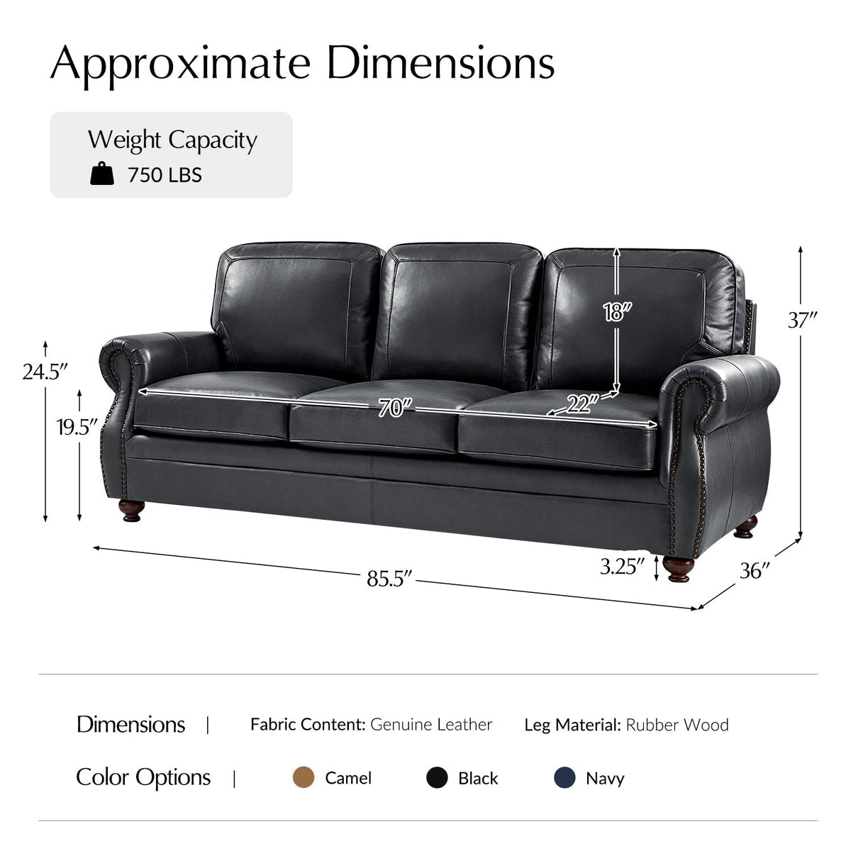Gerardo Genuine Leather Sofa – Navy Blue Rolled Arm Nailhead Sofa - Prioka