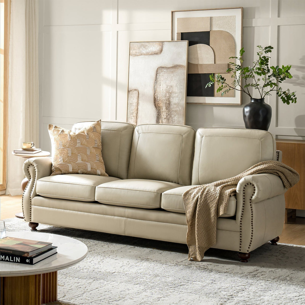 Gerardo Genuine Leather Sofa – Tan Rolled Arm Nailhead Sofa - Prioka