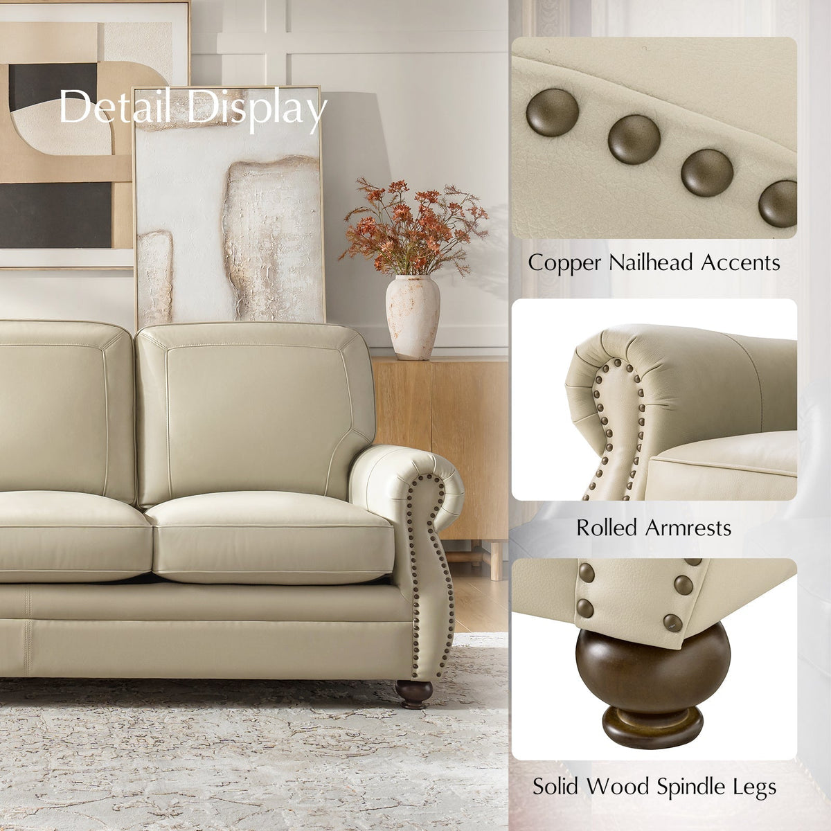 Gerardo Genuine Leather Sofa – Tan Rolled Arm Nailhead Sofa - Prioka