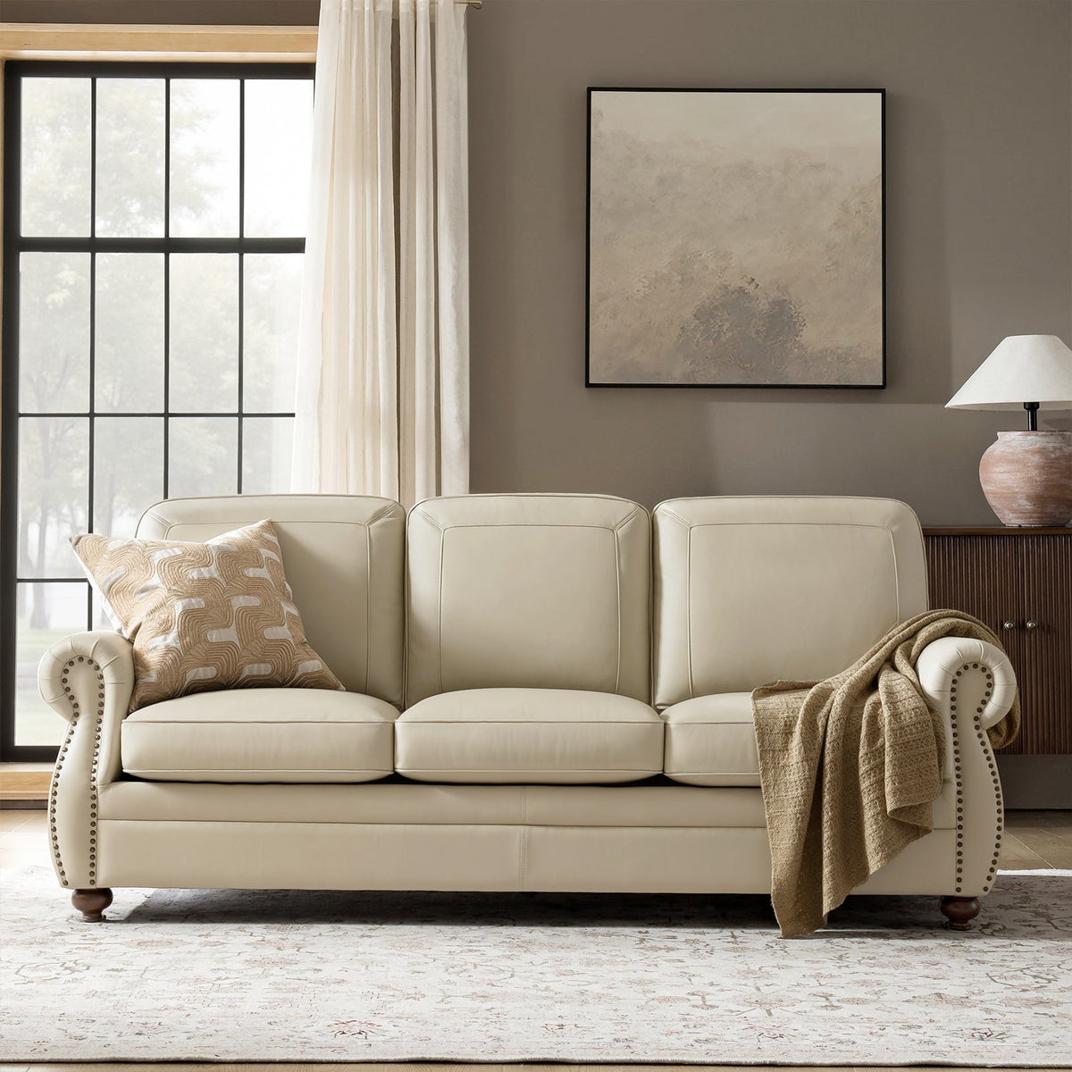 Gerardo Genuine Leather Sofa – Tan Rolled Arm Nailhead Sofa - Prioka