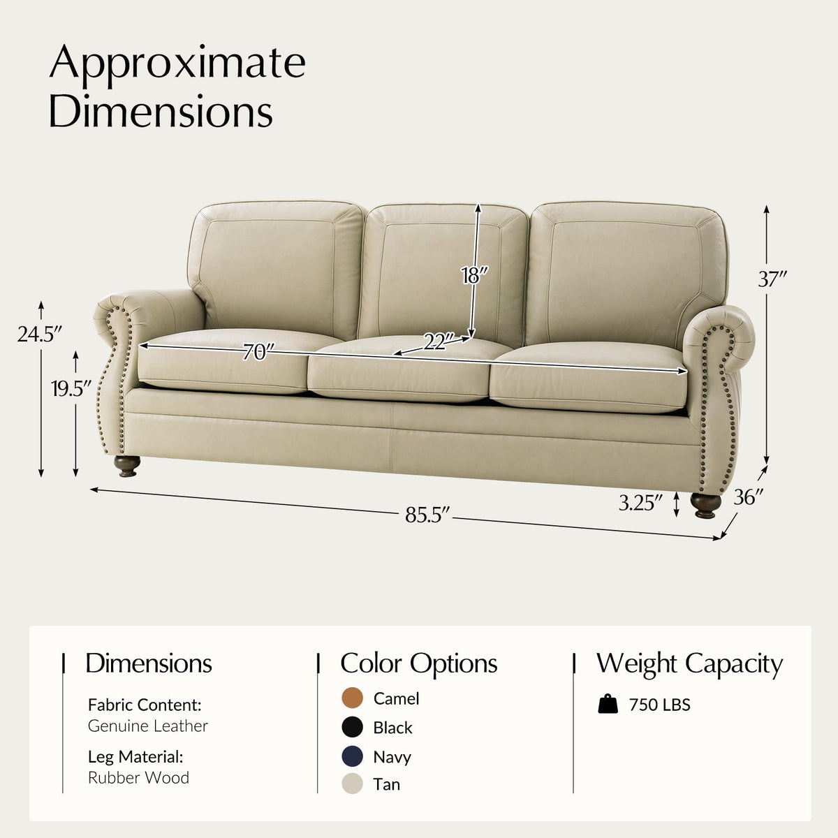 Gerardo Genuine Leather Sofa – Tan Rolled Arm Nailhead Sofa - Prioka