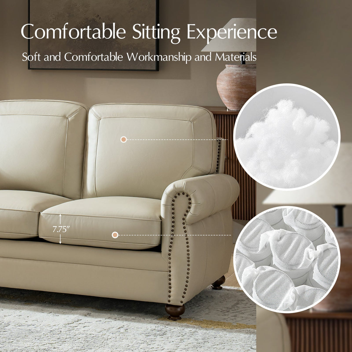 Gerardo Genuine Leather Sofa – Tan Rolled Arm Nailhead Sofa - Prioka
