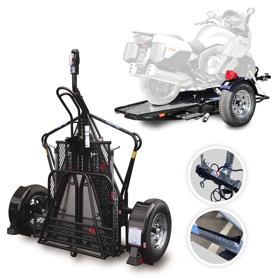 Go! Series Single Rail Folding Motorcycle Trailers – Deluxe Chrome Wheels Balanced - Prioka