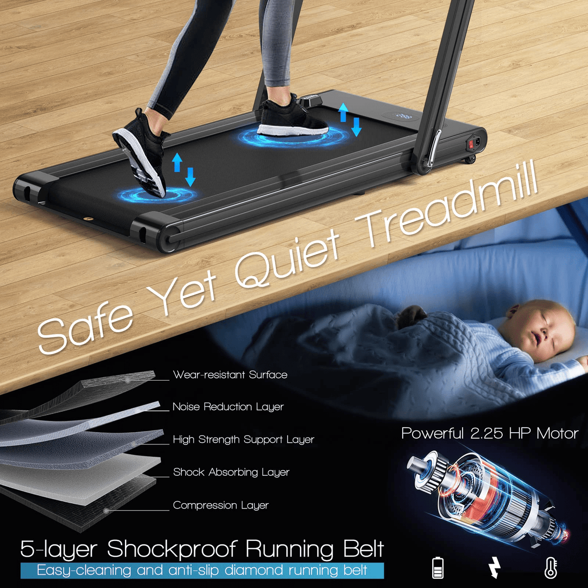 Goplus 2-in-1 Folding Treadmill, 2.25HP Electric Under Desk Treadmill W/LED Display - Prioka
