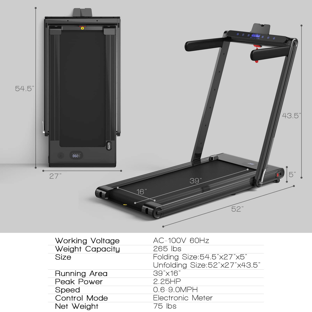 Goplus 2-in-1 Folding Treadmill, 2.25HP Electric Under Desk Treadmill W/LED Display - Prioka
