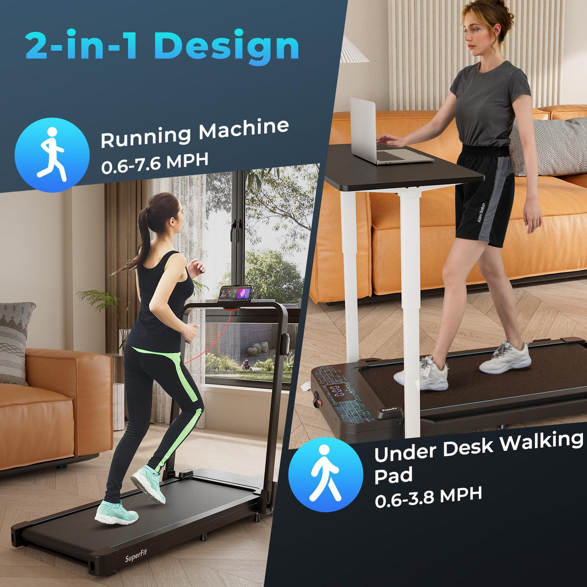 Goplus 2 in 1 Folding Treadmill, 300 LBS Capacity Walking Pad with Handle Bar, Under Desk Treadmill with Remote & APP Control - Prioka