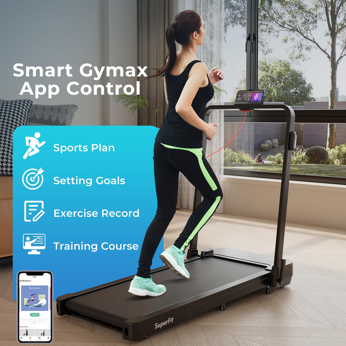 Goplus 2 in 1 Folding Treadmill, 300 LBS Capacity Walking Pad with Handle Bar, Under Desk Treadmill with Remote & APP Control - Prioka