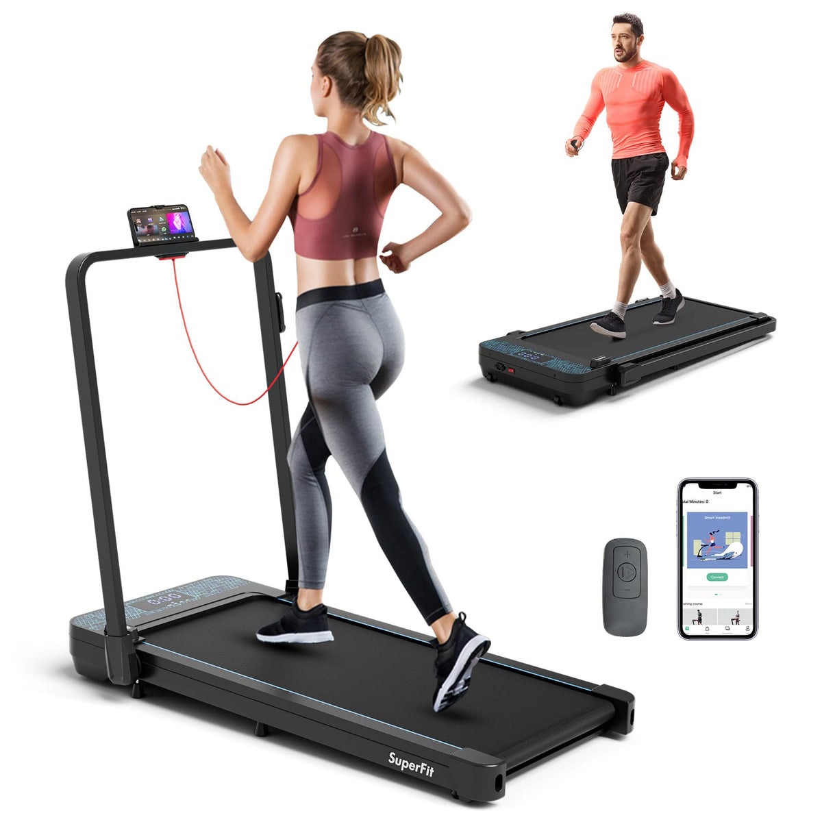 Goplus 2 in 1 Folding Treadmill, 300 LBS Capacity Walking Pad with Handle Bar, Under Desk Treadmill with Remote & APP Control - Prioka