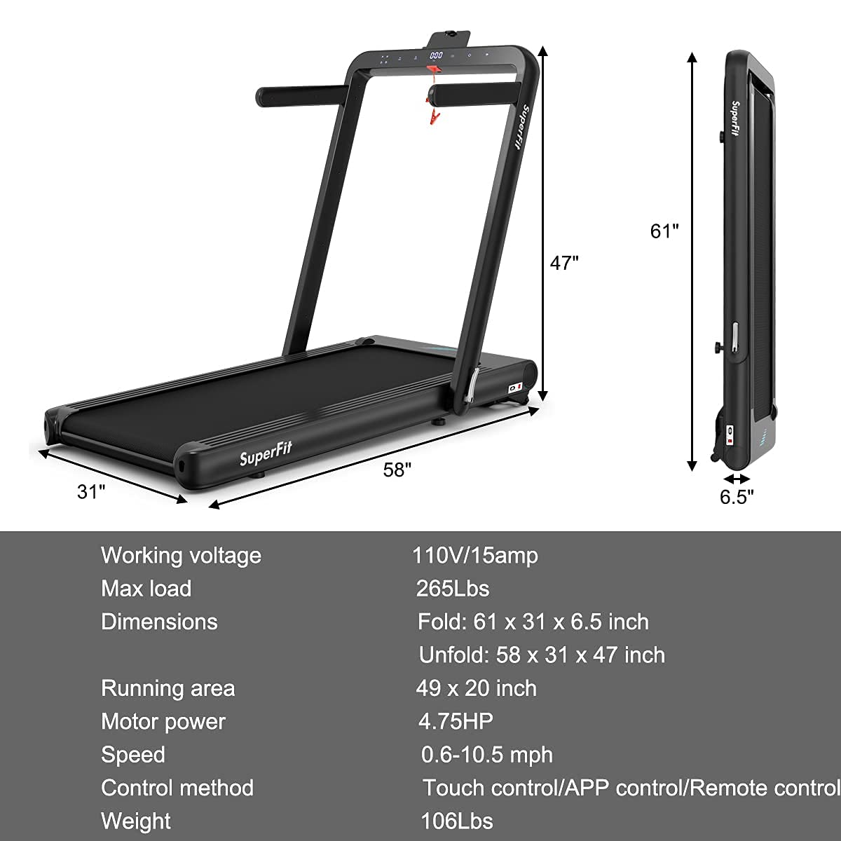 Goplus 2 in 1 Folding Treadmill, 4.75HP Superfit Under Desk Electric Treadmill with APP Control - Prioka
