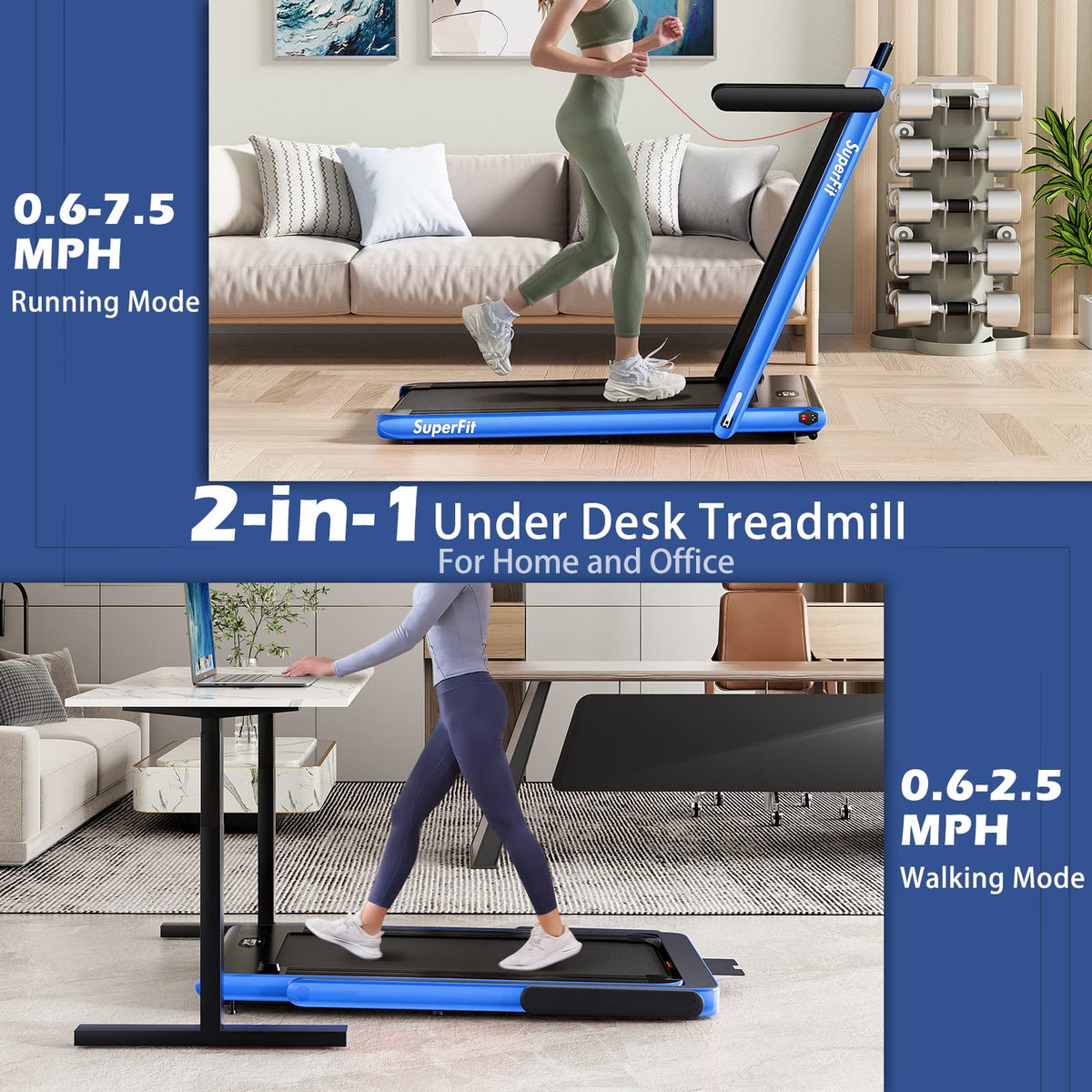 Goplus 2 in 1 Under Desk Treadmill, 2.25HP Superfit Folding Treadmills for Home Office w/Smart APP - Prioka