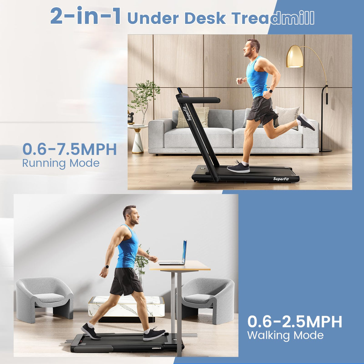 Goplus 2 in 1 Under Desk Treadmill, 2.5HP Superfit Folding Treadmill with Touch Panel Control, Treadmills for Home Office - Prioka