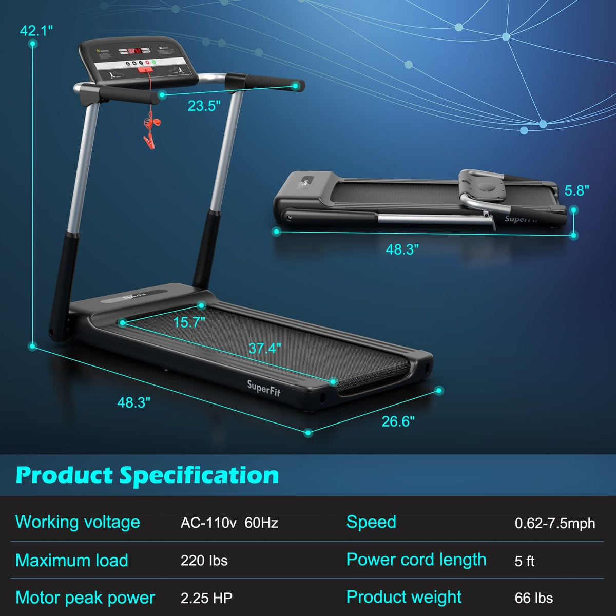 Goplus 2.25HP Folding Treadmill, Compact Superfit Treadmill with LED Display and APP Control - Prioka