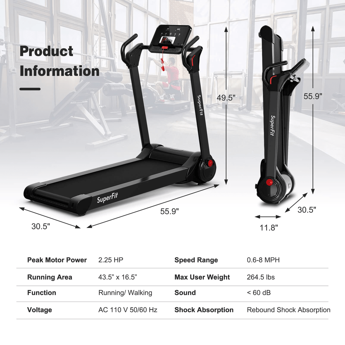 Goplus 2.25HP Folding Treadmill, Electric Superfit Treadmill W/LED Display - Prioka