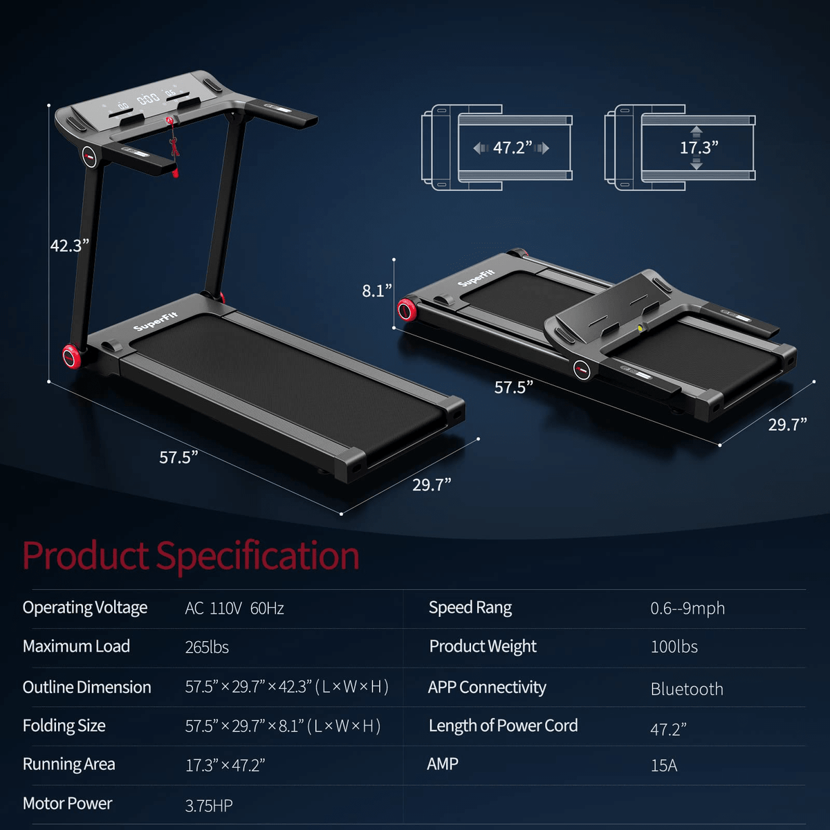 Goplus 3.75HP Folding Treadmill, Freestanding Superfit Treadmill with APP, 12 Preset Programs - Prioka