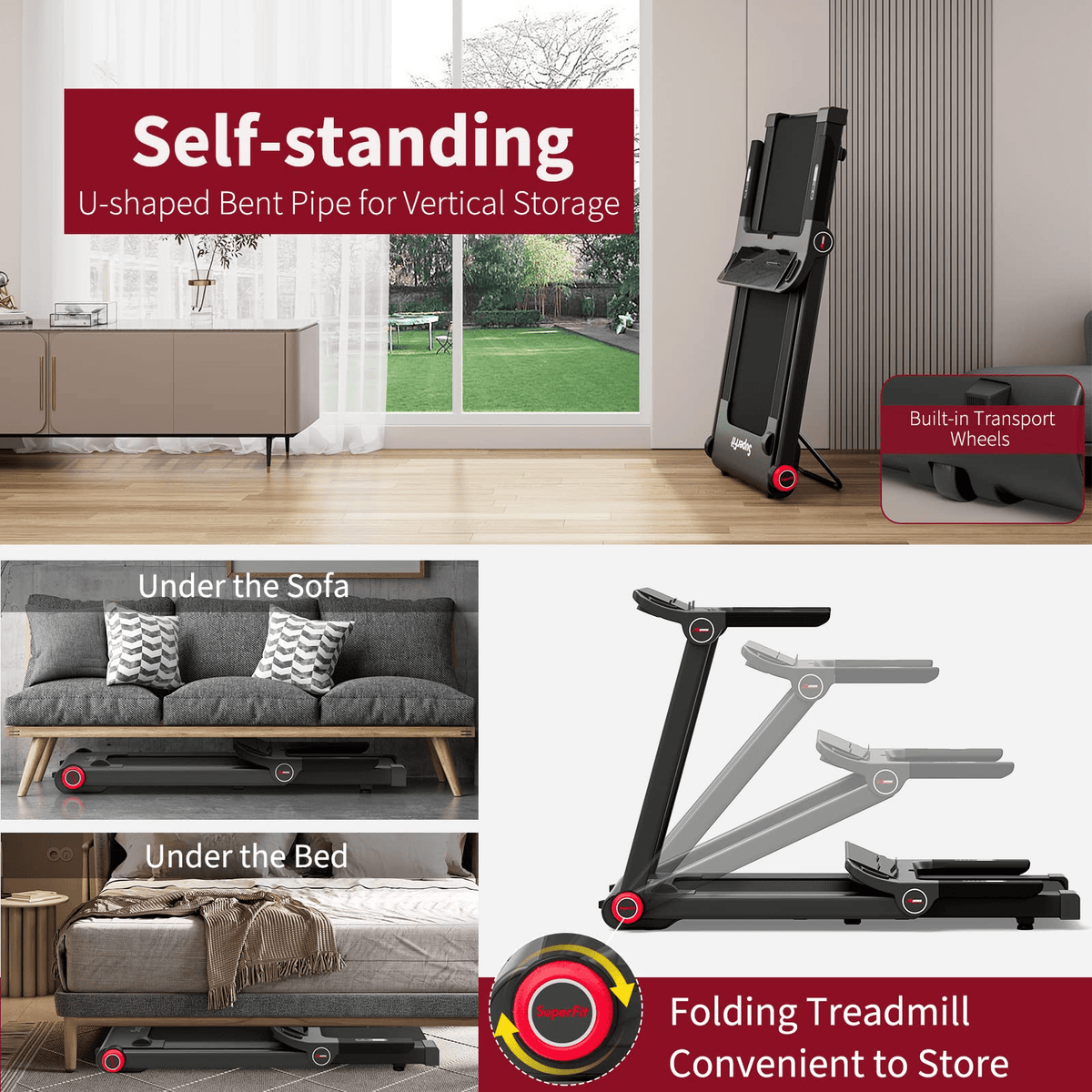 Goplus 3.75HP Folding Treadmill, Freestanding Superfit Treadmill with APP, 12 Preset Programs - Prioka