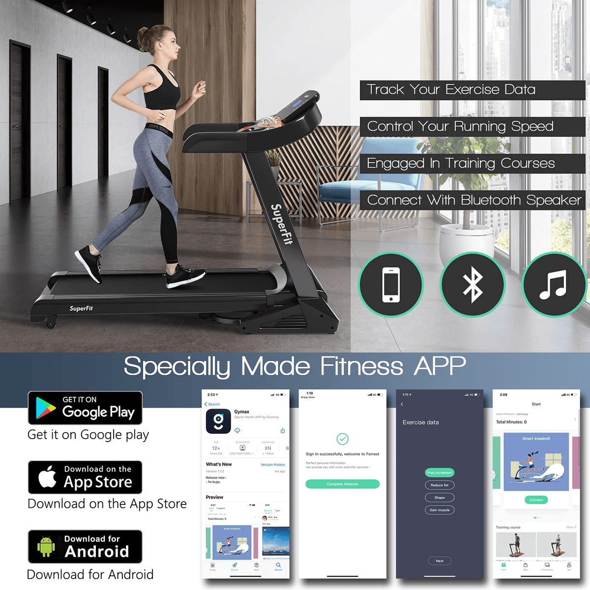 Goplus 3.75HP Folding Treadmill with Incline, Electric Superfit Treadmill w/App Control, 12 Preset & 3 Custom Programs - Prioka