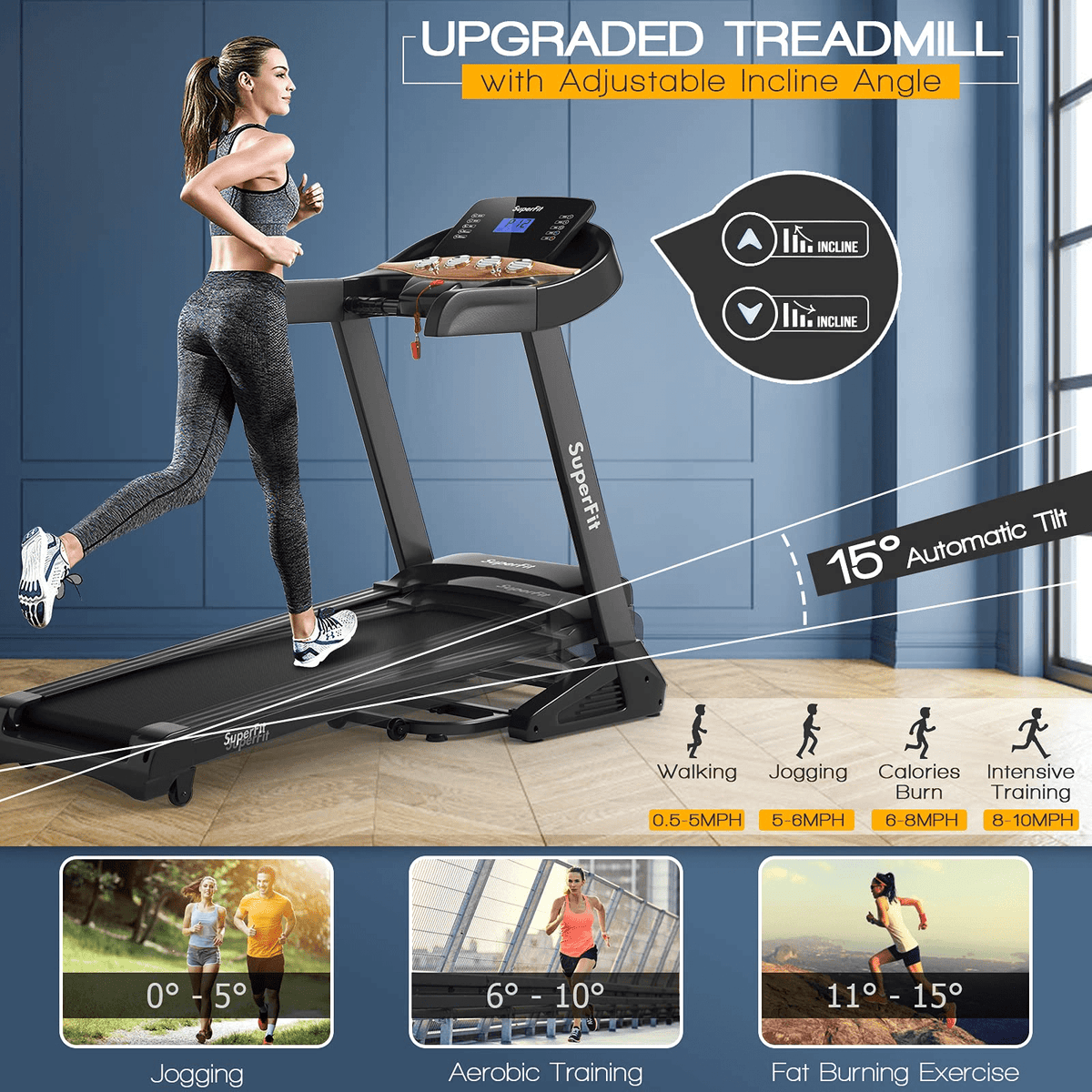 Goplus 3.75HP Folding Treadmill with Incline, Electric Superfit Treadmill w/App Control, 12 Preset & 3 Custom Programs - Prioka