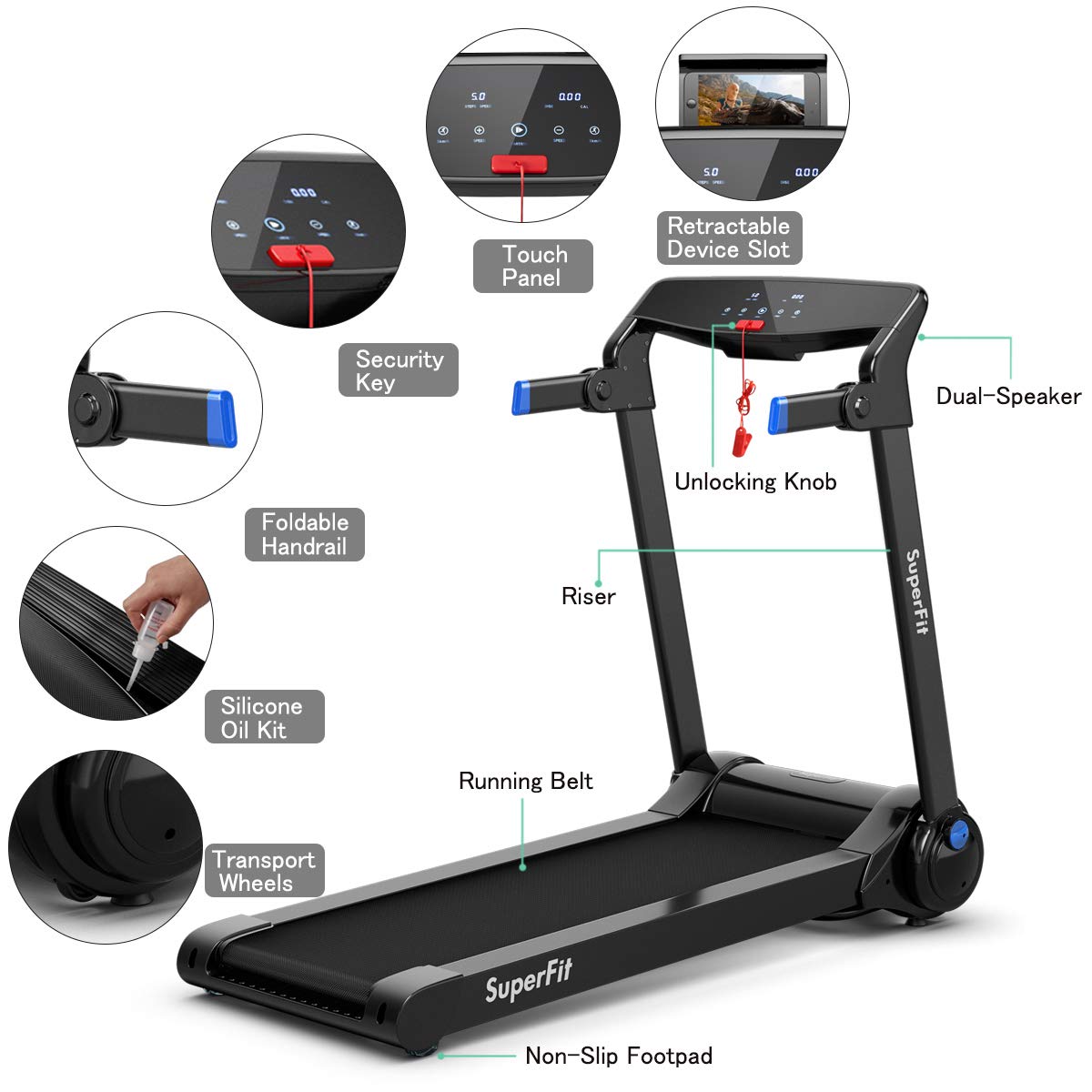 Goplus 3HP Electric Folding Treadmill, with APP Control, Bluetooth Speaker and HD Touch Screen - Prioka