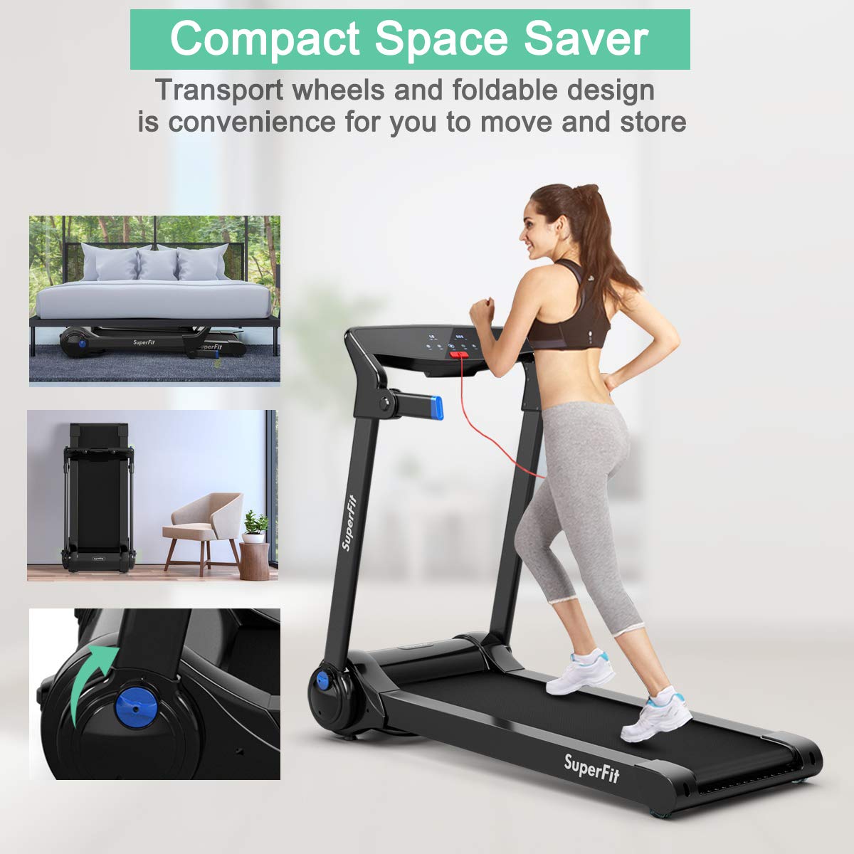 Goplus 3HP Electric Folding Treadmill, with APP Control, Bluetooth Speaker and HD Touch Screen - Prioka