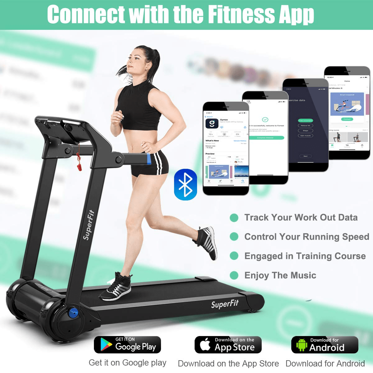 Goplus 3HP Electric Folding Treadmill, with APP Control, Bluetooth Speaker and HD Touch Screen - Prioka